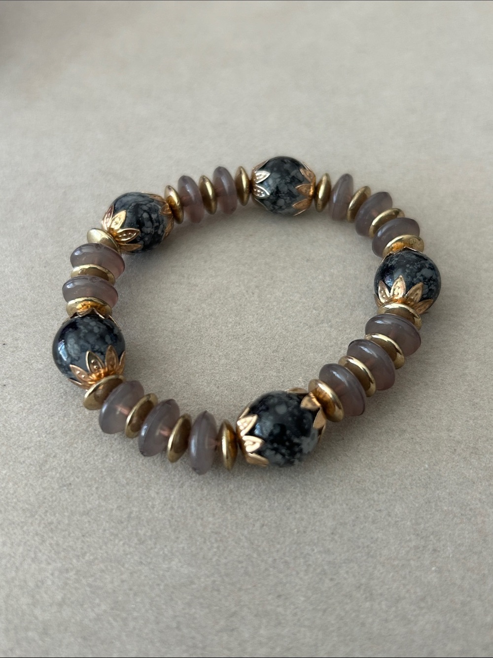 Gold & Gray Beaded Stretch Bracelet